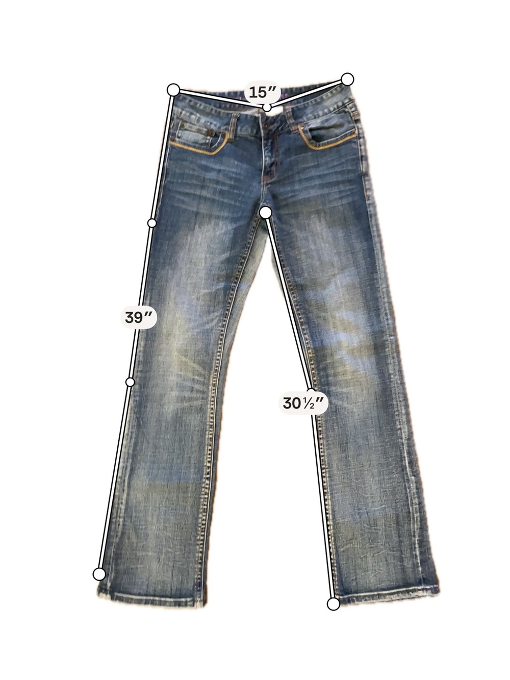 Cruel Girl Blue Denim Straight Leg Jeans with Yellow Embroidered Pockets - Picture 6 of 6